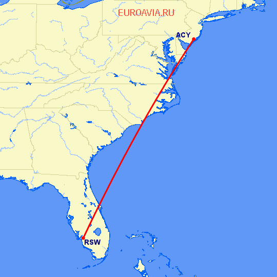 перелет Форт Майерс — Атлантик Сити на карте