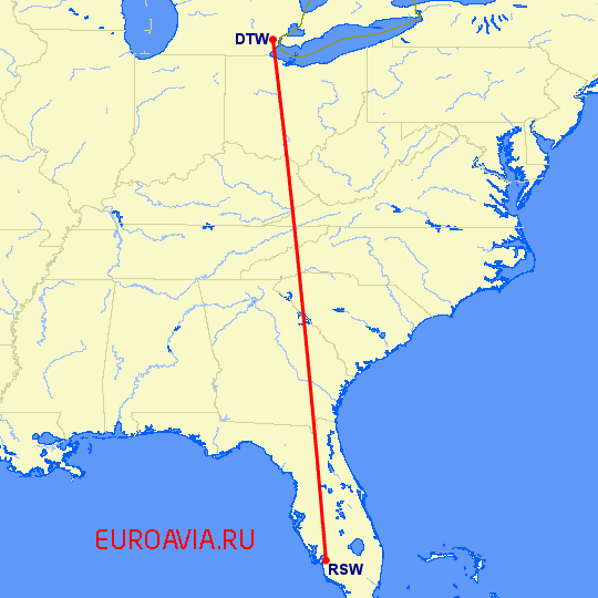 перелет Форт Майерс — Детройт на карте