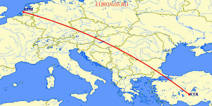 перелет Роттердам — Конья на карте