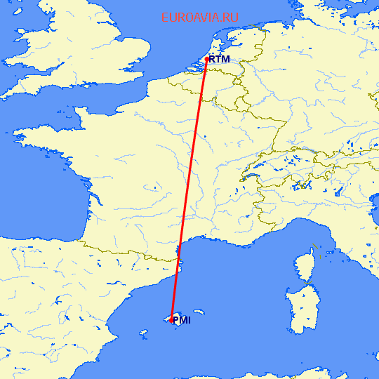 перелет Роттердам — Пальма де Майорка на карте