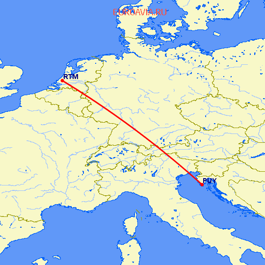 перелет Роттердам — Пула на карте