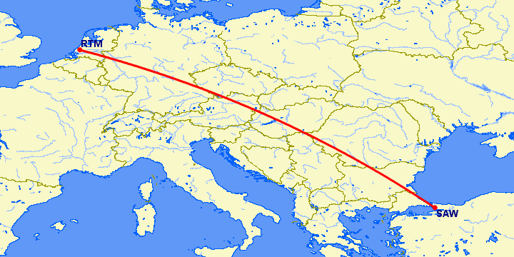 перелет Роттердам — Стамбул на карте