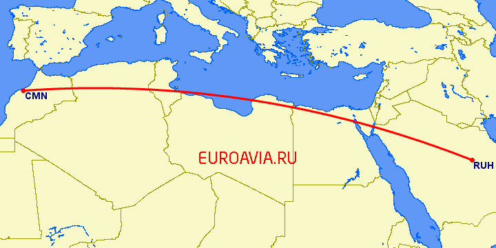 перелет Эр Рияд — Касабланка на карте