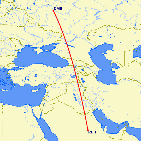 перелет Эр Рияд — Москва на карте