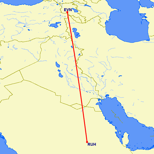 перелет Эр Рияд — Ереван на карте