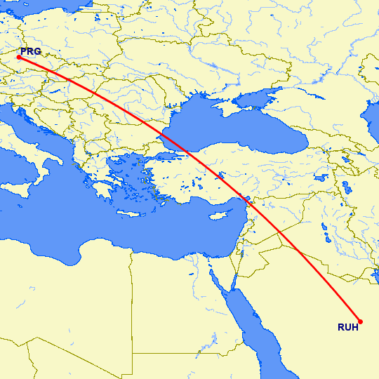 перелет Эр Рияд — Прага на карте