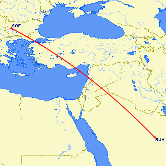 перелет Эр Рияд — София на карте
