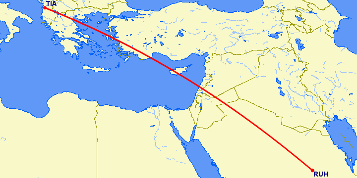 перелет Эр Рияд — Тирана на карте