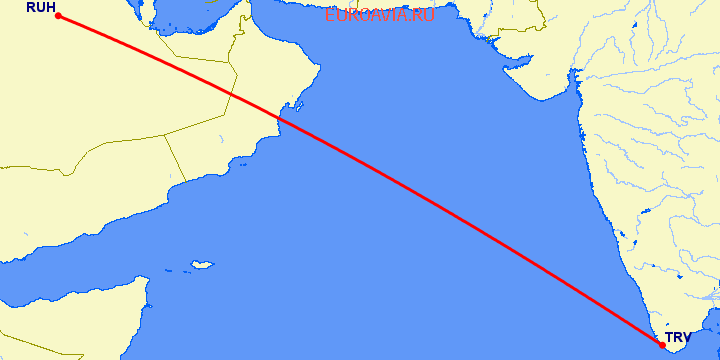 перелет Эр Рияд — Тривандрум на карте