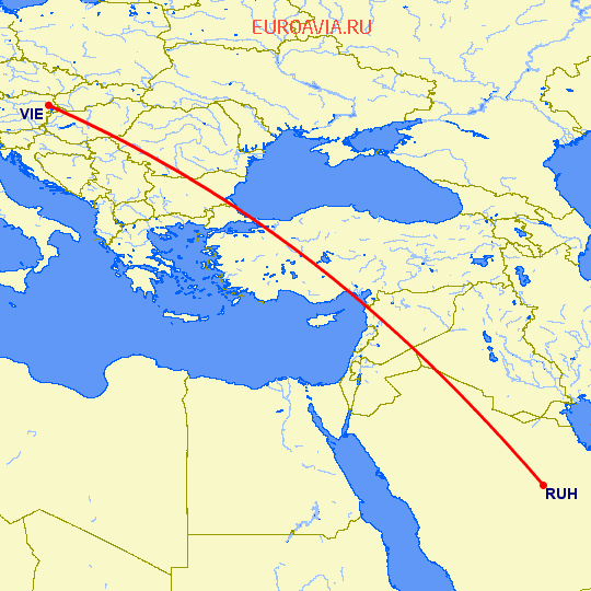 перелет Эр Рияд — Вена на карте