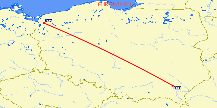 перелет Жешув — Щецин на карте