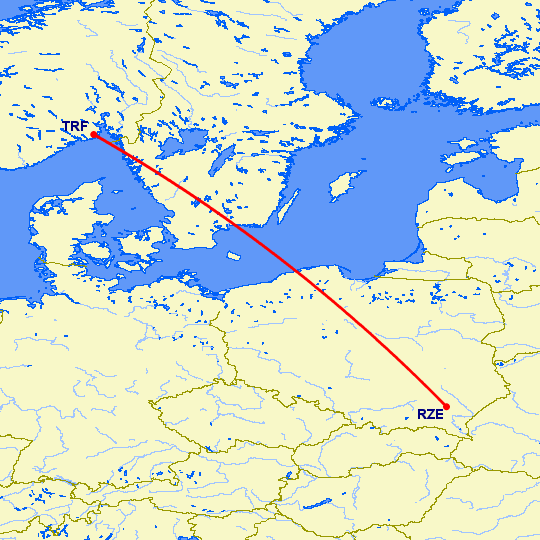 перелет Жешув — Осло Торп на карте