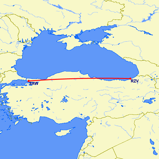 перелет Ризе Артвин — Стамбул на карте
