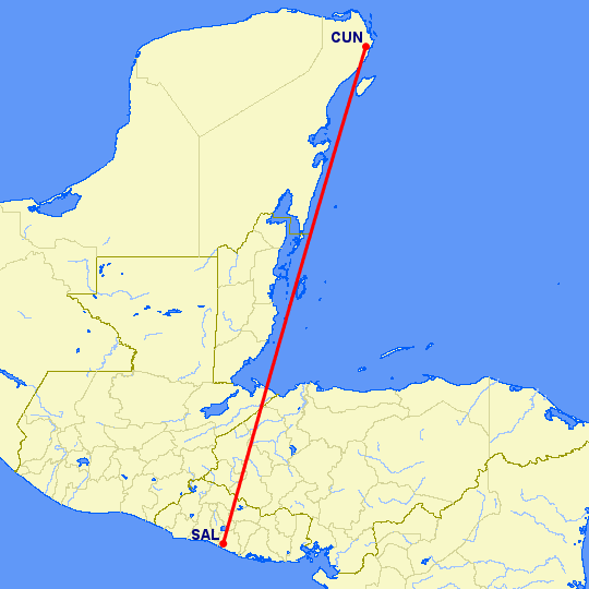 перелет Сан Сальвадор — Канкун на карте