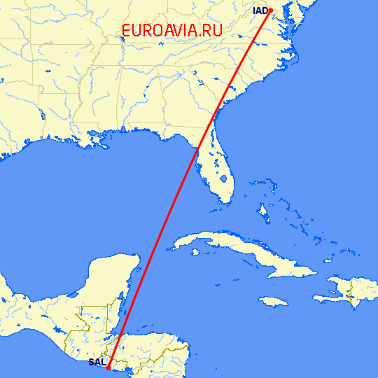перелет Сан Сальвадор — Вашингтон на карте