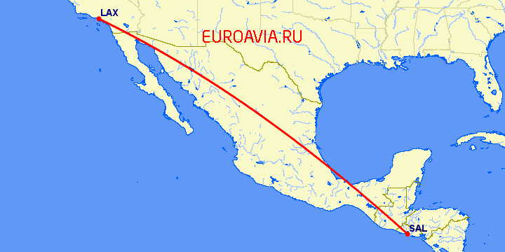 перелет Сан Сальвадор — Лос Анджелес на карте
