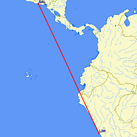 перелет Сан Сальвадор — Лима на карте