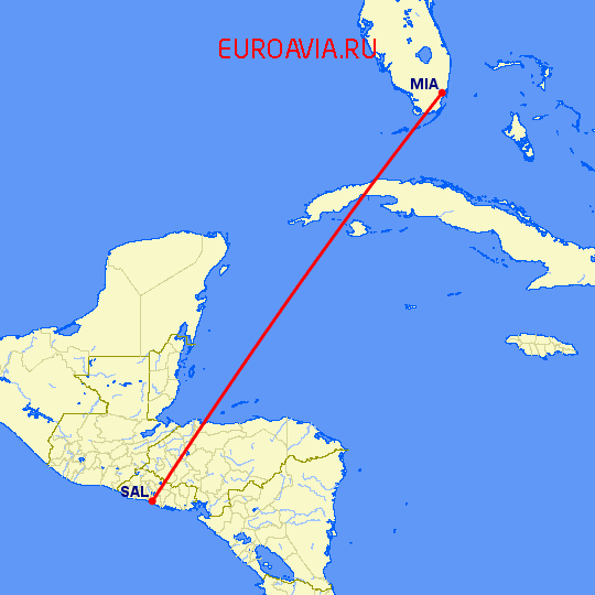 перелет Сан Сальвадор — Майами на карте