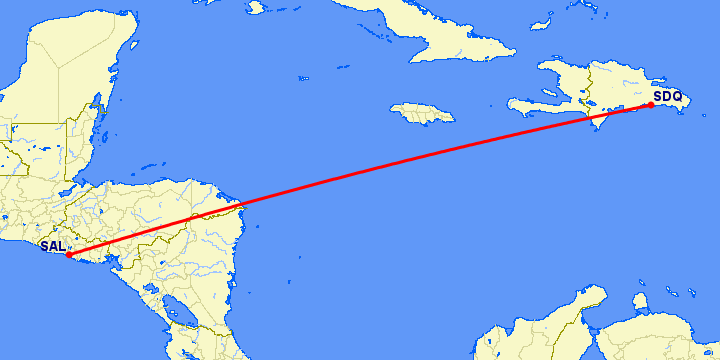перелет Сан Сальвадор — Санто Доминго на карте