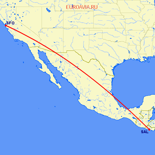 перелет Сан Сальвадор — Сан Франциско на карте