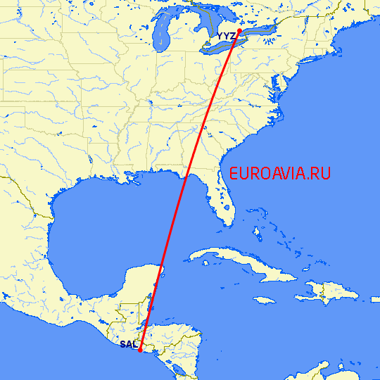 перелет Сан Сальвадор — Торонто на карте