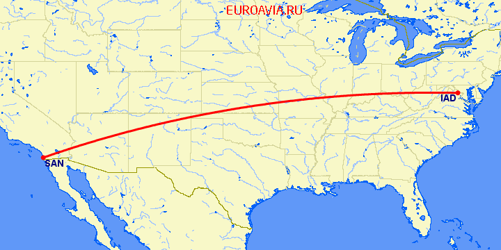 перелет Сан Диего — Вашингтон на карте