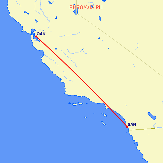 перелет Сан Диего — Окленд на карте