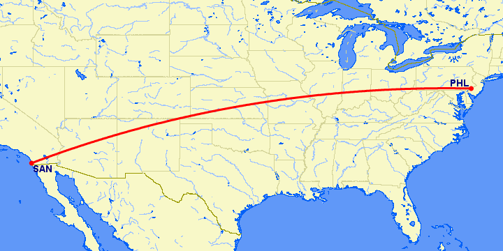 перелет Сан Диего — Филадельфия на карте