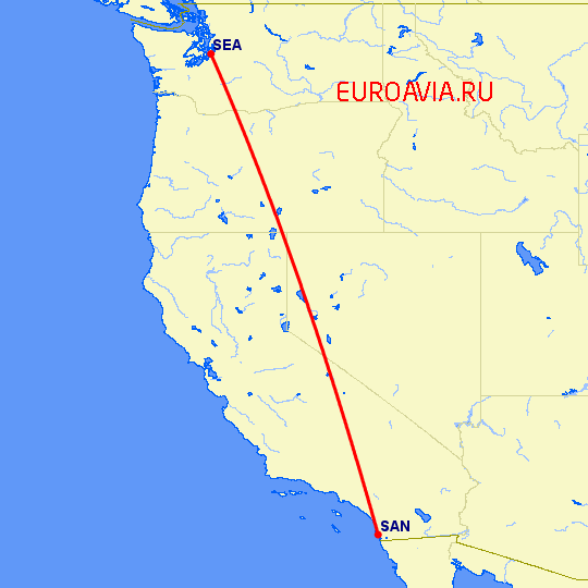перелет Сан Диего — Сиэтл на карте