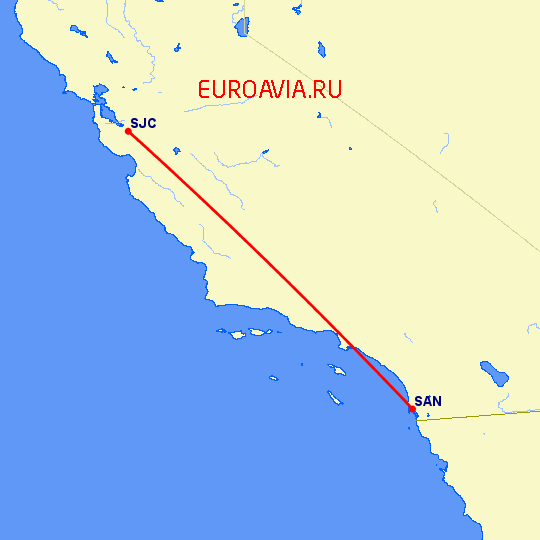 перелет Сан Диего — Сан Хосе на карте