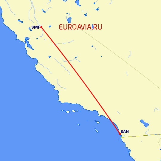 перелет Сан Диего — Сакраменто на карте