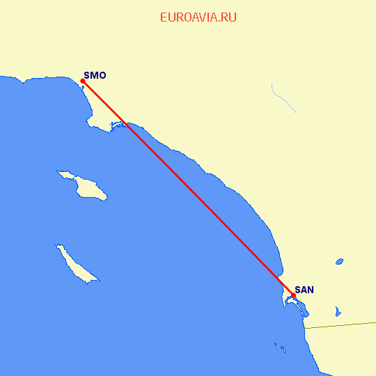 перелет Сан Диего — Санта Моника на карте