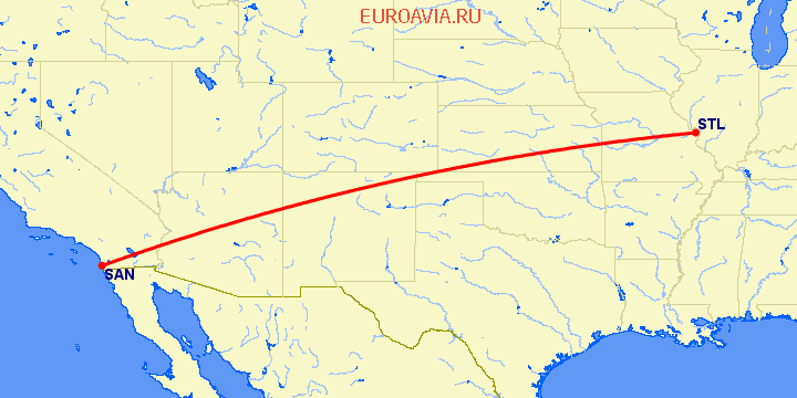 перелет Сан Диего — Сент Луис на карте