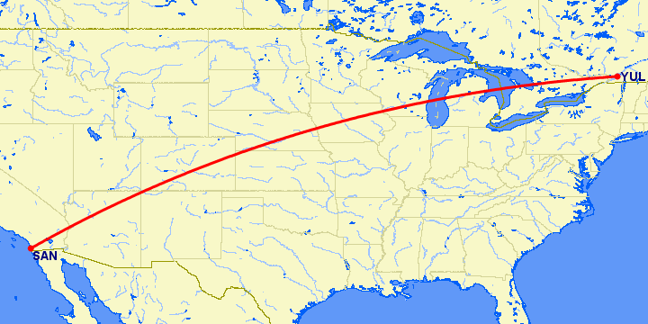 перелет Сан Диего — Монреаль на карте