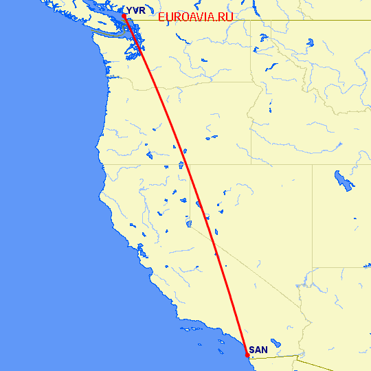 перелет Сан Диего — Ванкувер на карте
