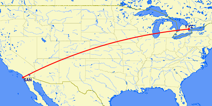 перелет Сан Диего — Торонто на карте