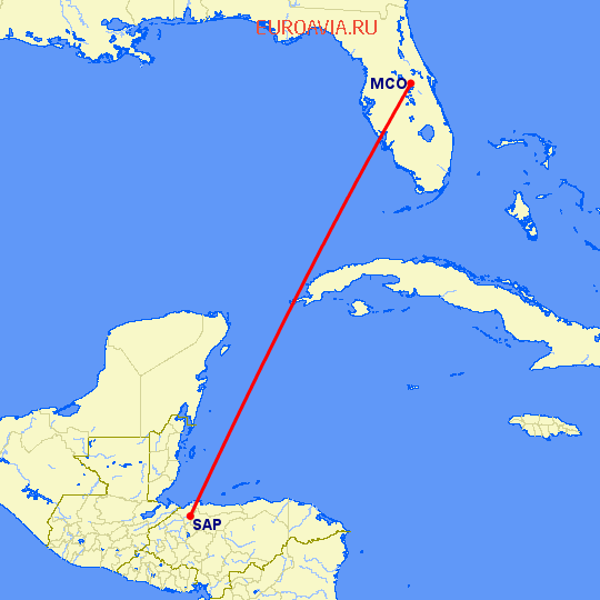 перелет San Pedro Sula — Орландо на карте