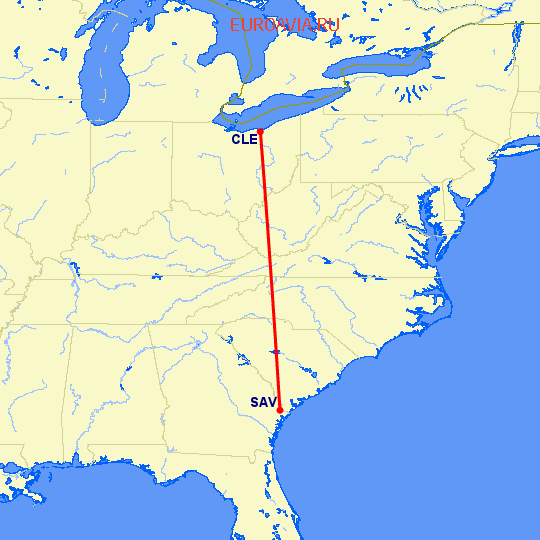 перелет Саванна — Кливленд на карте