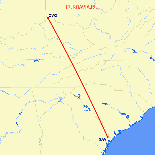 перелет Саванна — Кавингтон на карте