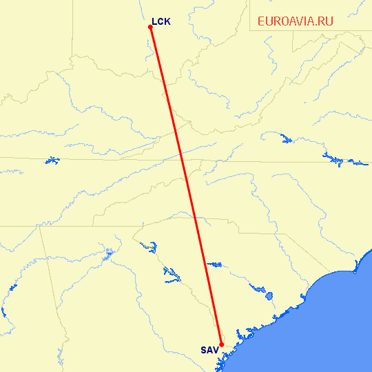 перелет Саванна — Columbus на карте