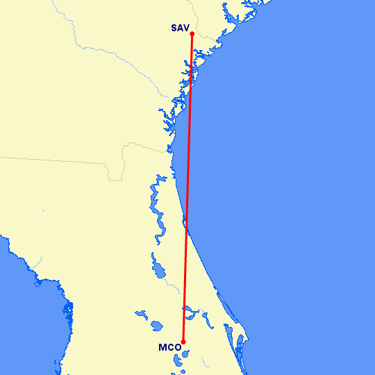 перелет Саванна — Орландо на карте