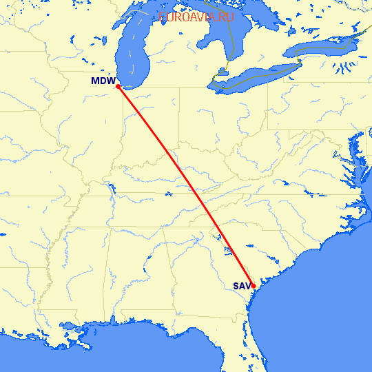 перелет Саванна — Чикаго на карте