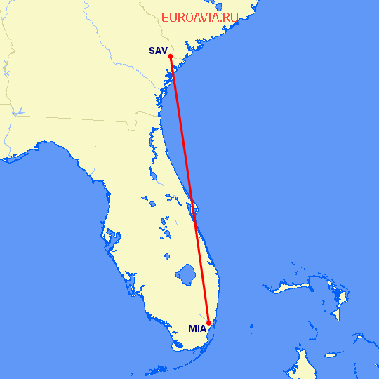 перелет Саванна — Майами на карте