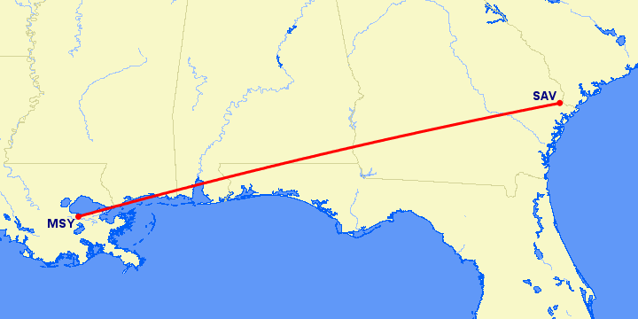 перелет Саванна — Новый Орлеан на карте