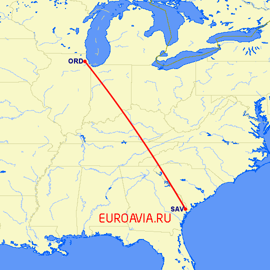 перелет Саванна — Чикаго на карте