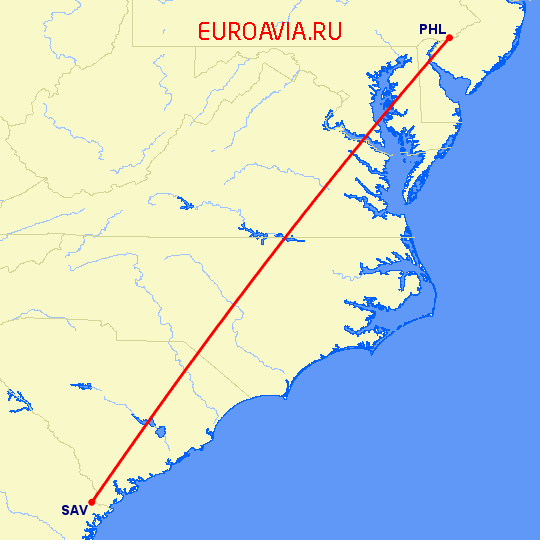 перелет Саванна — Филадельфия на карте