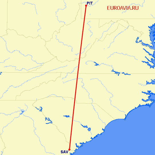 перелет Саванна — Питтсбург на карте