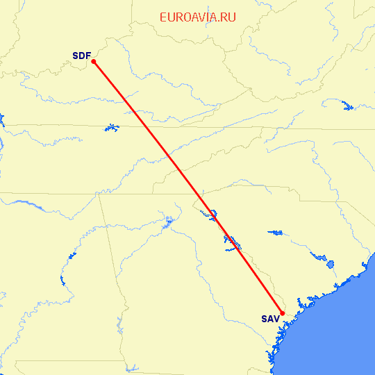 перелет Саванна — Луисвилл на карте