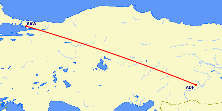 перелет Стамбул — Адыяман на карте