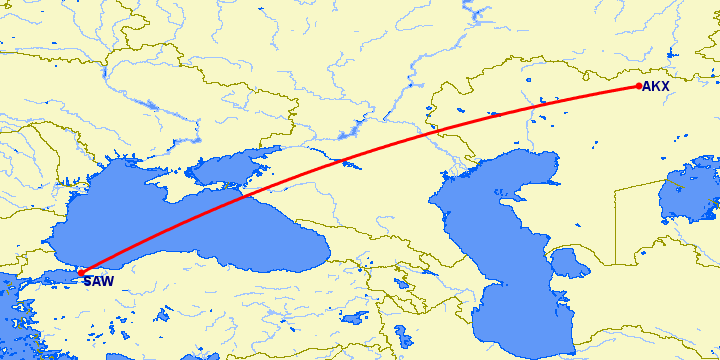 перелет Стамбул — Актюбинск на карте